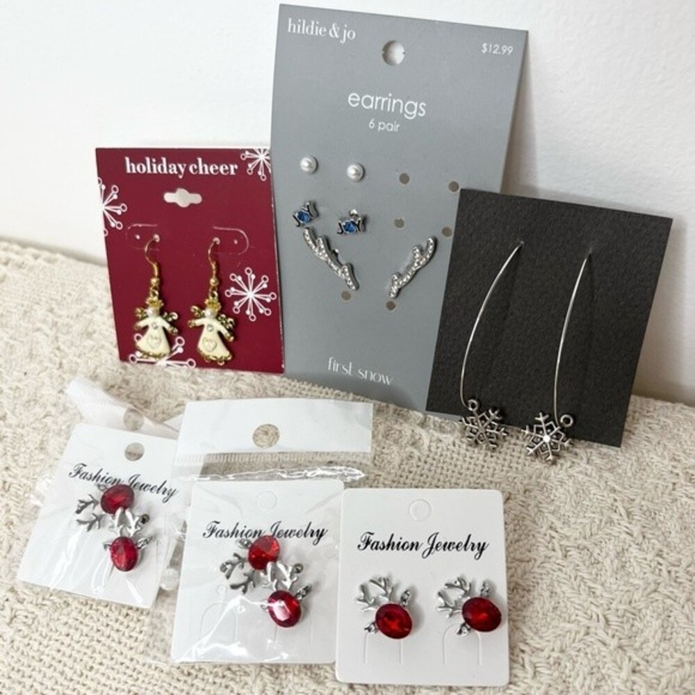 Bulk New Christmas Earrings Lot Earwire Hoop Stud Dangle Antlers Snowflake 6 pcs